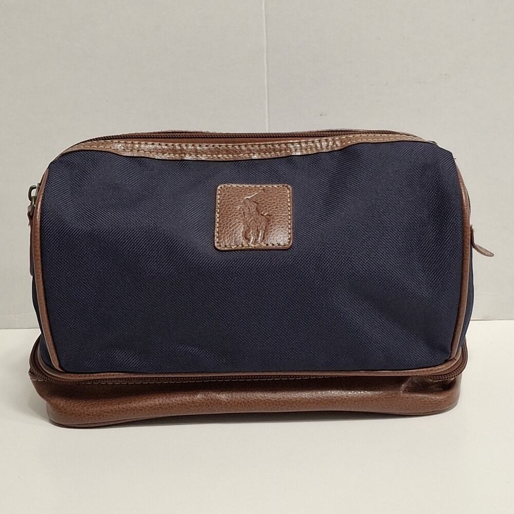 Vintage Polo Ralph Lauren Dopp Toiletry Bag Black with Tan Trim Zip Closure